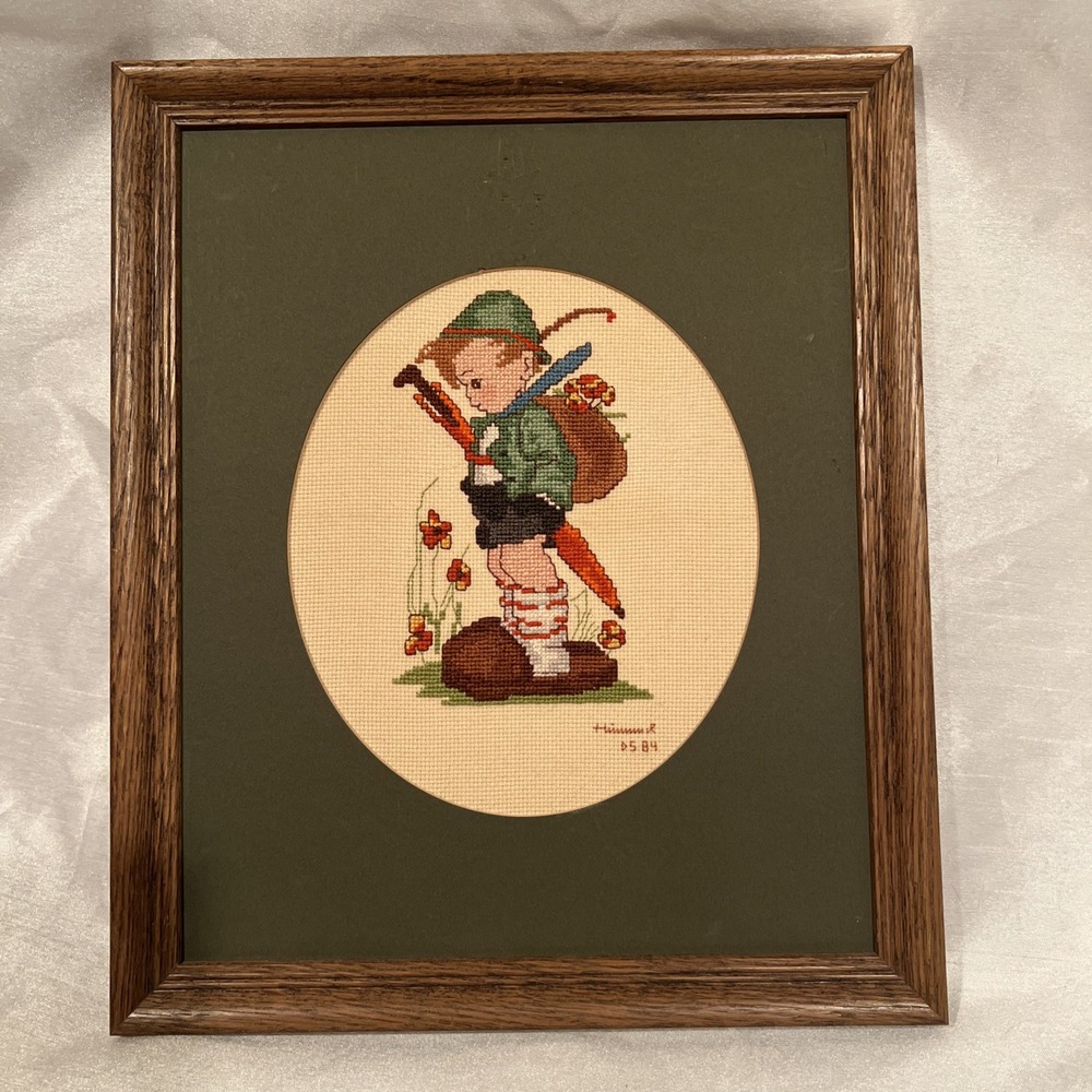 Vintage Hummel "Looks Like Rain" - Little Boy Cross Stitch Framed Matted 10.5x12